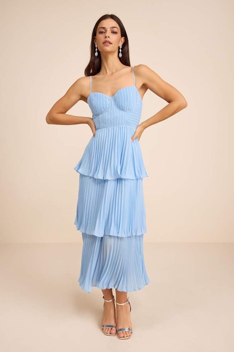 NWT Lulus Cascading Crush Light Blue Tiered Bustier Midi Dress Medium